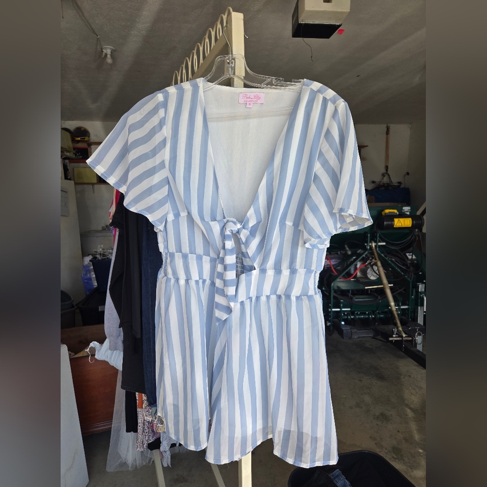 Pink Lily Blue and White Striped Romper